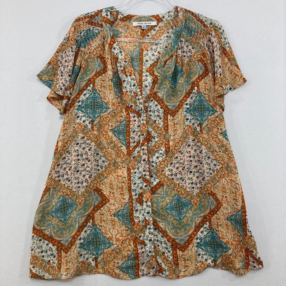 Rose & Olive size 1X Smocked Detail Split Neck Boho Festival Button Down